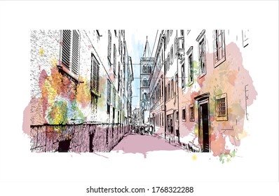 Building view with landmark of Zadar, a city on Croatia’s Dalmatian coast, Watercolor splash with  hand drown sketch illustration in vector. 