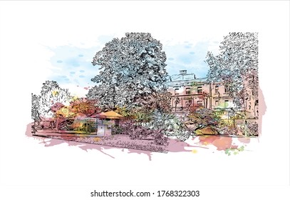 Building view with landmark of Zadar, a city on Croatia’s Dalmatian coast, Watercolor splash with  hand drown sketch illustration in vector. 