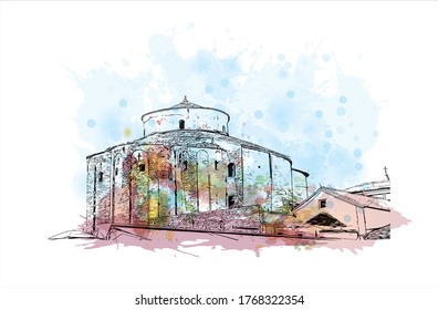 Building view with landmark of Zadar, a city on Croatia’s Dalmatian coast, Watercolor splash with  hand drown sketch illustration in vector. 
