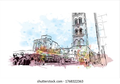 Building view with landmark of Zadar, a city on Croatia’s Dalmatian coast, Watercolor splash with  hand drown sketch illustration in vector. 