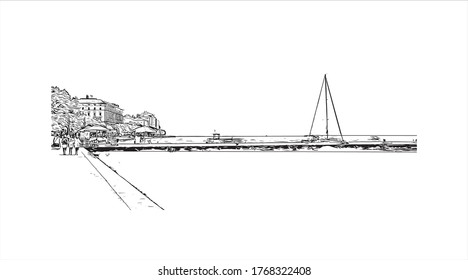 Building view with landmark of Zadar, a city on Croatia’s Dalmatian coast, is known for the Roman and Venetian ruins of its peninsular Old Town. hand drown sketch illustration in vector. 