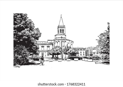 Building view with landmark of Zadar, a city on Croatia’s Dalmatian coast, is known for the Roman and Venetian ruins of its peninsular Old Town. hand drown sketch illustration in vector. 