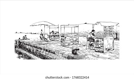 Building view with landmark of Zadar, a city on Croatia’s Dalmatian coast, is known for the Roman and Venetian ruins of its peninsular Old Town. hand drown sketch illustration in vector. 