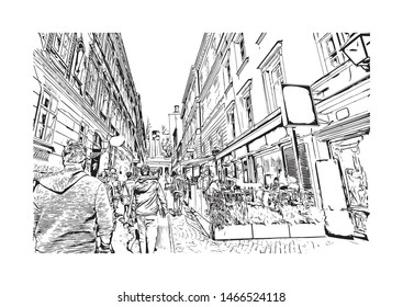 Building view with landmark of Zagreb, Croatia’s northwestern capital. Hand drawn sketch illustration in vector.