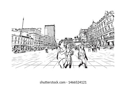 Building view with landmark of Zagreb, Croatia’s northwestern capital. Hand drawn sketch illustration in vector.