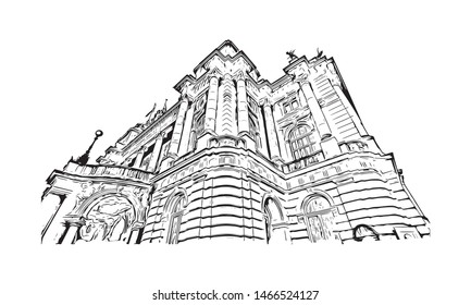 Building view with landmark of Zagreb, Croatia’s northwestern capital. Hand drawn sketch illustration in vector.