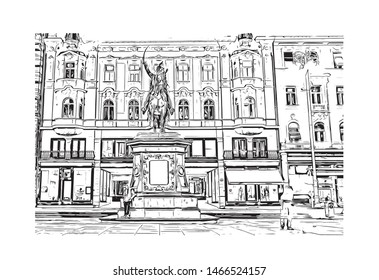 Building view with landmark of Zagreb, Croatia’s northwestern capital. Hand drawn sketch illustration in vector.