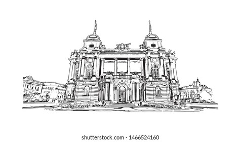 Building view with landmark of Zagreb, Croatia’s northwestern capital. Hand drawn sketch illustration in vector.
