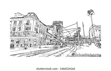 Building view with landmark of Zagreb, Croatia’s northwestern capital. Hand drawn sketch illustration in vector.