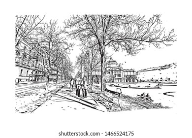Building view with landmark of Zagreb, Croatia’s northwestern capital. Hand drawn sketch illustration in vector.