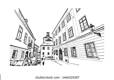 Building view with landmark of Zagreb, Croatia’s northwestern capital. Hand drawn sketch illustration in vector.