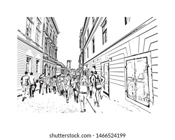 Building view with landmark of Zagreb, Croatia’s northwestern capital. Hand drawn sketch illustration in vector.