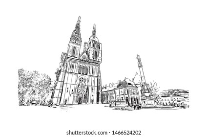 Building view with landmark of Zagreb, Croatia’s northwestern capital. Hand drawn sketch illustration in vector.