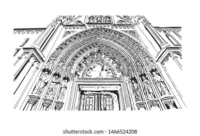 Building view with landmark of Zagreb, Croatia’s northwestern capital. Hand drawn sketch illustration in vector.