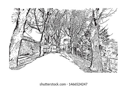 Building view with landmark of Zagreb, Croatia’s northwestern capital. Hand drawn sketch illustration in vector.