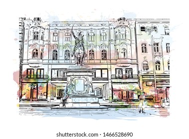 Building view with landmark of Zagreb, Croatia’s northwestern capital. Watercolor splash with hand drawn sketch illustration in vector.
