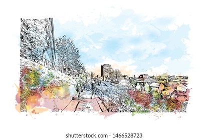 Building view with landmark of Zagreb, Croatia’s northwestern capital. Watercolor splash with hand drawn sketch illustration in vector.