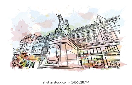 Building view with landmark of Zagreb, Croatia’s northwestern capital. Watercolor splash with hand drawn sketch illustration in vector.