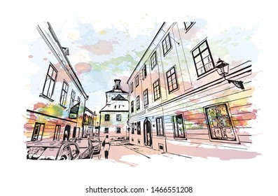 Building view with landmark of Zagreb, Croatia’s northwestern capital. Watercolor splash with hand drawn sketch illustration in vector.