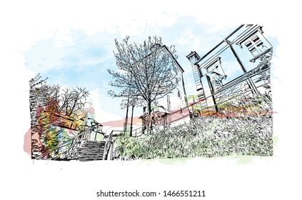 Building view with landmark of Zagreb, Croatia’s northwestern capital. Watercolor splash with hand drawn sketch illustration in vector.