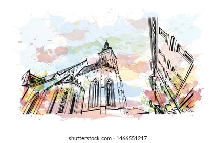 Building view with landmark of Zagreb, Croatia’s northwestern capital. Watercolor splash with hand drawn sketch illustration in vector.