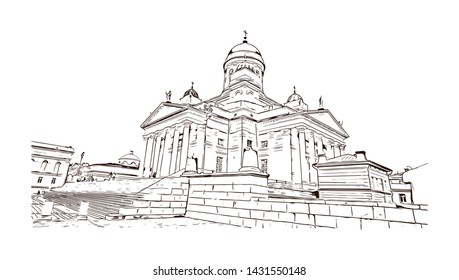 Building view with landmarks of Helsinki, Finland’s southern capital, sits on a peninsula in the Gulf of Finland. Hand drawn sketch illustration in vector.