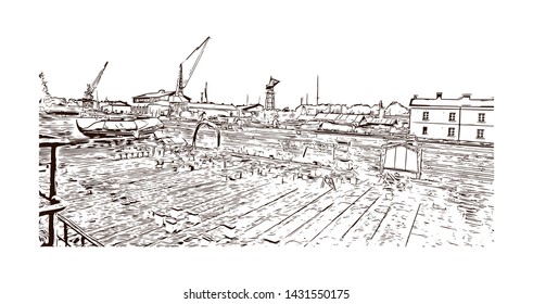 Building view with landmarks of Helsinki, Finland’s southern capital, sits on a peninsula in the Gulf of Finland. Hand drawn sketch illustration in vector.