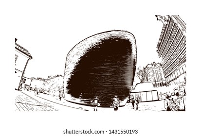 Building view with landmarks of Helsinki, Finland’s southern capital, sits on a peninsula in the Gulf of Finland. Hand drawn sketch illustration in vector.