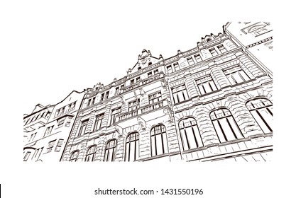 Building view with landmarks of Helsinki, Finland’s southern capital, sits on a peninsula in the Gulf of Finland. Hand drawn sketch illustration in vector.