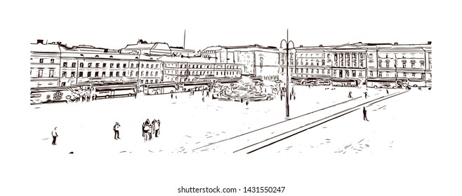 Building view with landmarks of Helsinki, Finland’s southern capital, sits on a peninsula in the Gulf of Finland. Hand drawn sketch illustration in vector.