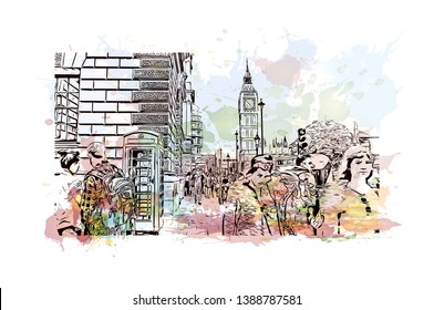 Building view with landmarks of London, the capital of England and the United Kingdom. Watercolor splash with hand drawn sketch illustration in vector.