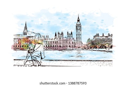 Building view with landmarks of London, the capital of England and the United Kingdom. Watercolor splash with hand drawn sketch illustration in vector.