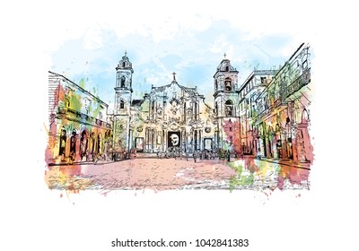 Building view with landscape art. Havana is Cuba’s capital city. Watercolor splash with hand drawn sketch illustration in vector.