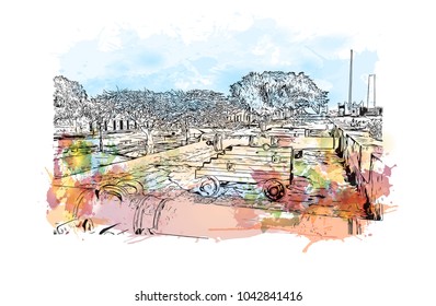 Building view with landscape art. Havana is Cuba’s capital city. Watercolor splash with hand drawn sketch illustration in vector.