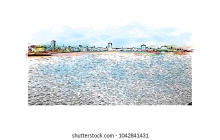 Building view with landscape art. Havana is Cuba’s capital city. Watercolor splash with hand drawn sketch illustration in vector.