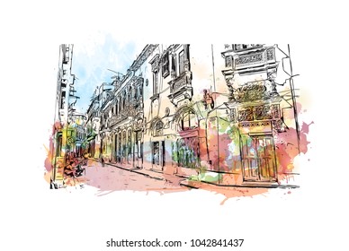 Building view with landscape art. Havana is Cuba’s capital city. Watercolor splash with hand drawn sketch illustration in vector.