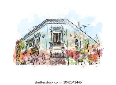 Building view with landscape art. Havana is Cuba’s capital city. Watercolor splash with hand drawn sketch illustration in vector.