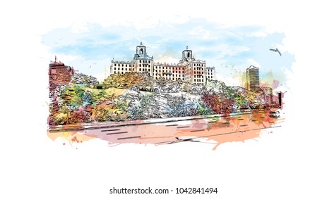Building view with landscape art. Havana is Cuba’s capital city. Watercolor splash with hand drawn sketch illustration in vector.