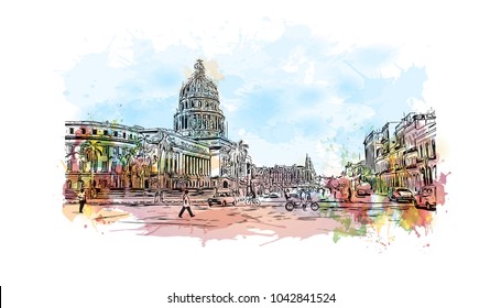 Building view with landscape art. Havana is Cuba’s capital city. Watercolor splash with hand drawn sketch illustration in vector.