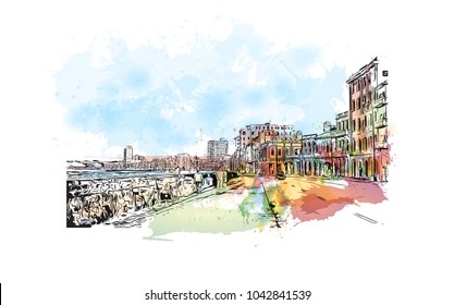 Building view with landscape art. Havana is Cuba’s capital city. Watercolor splash with hand drawn sketch illustration in vector.