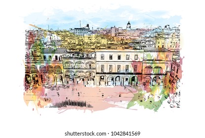 Building view with landscape art. Havana is Cuba’s capital city. Watercolor splash with hand drawn sketch illustration in vector.