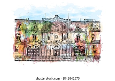 Building view with landscape art. Havana is Cuba’s capital city. Watercolor splash with hand drawn sketch illustration in vector.