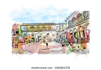 Building view with landscape art. Havana is Cuba’s capital city. Watercolor splash with hand drawn sketch illustration in vector.