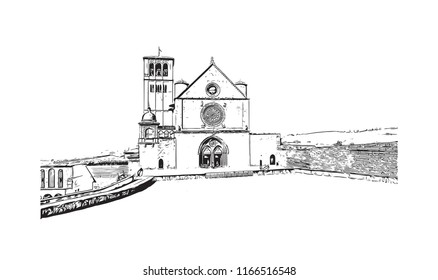 Building view and landscape wit landmark of Assisi is a hill town in central Italy’s Umbria region. Hand drawn sketch illustration in vector.