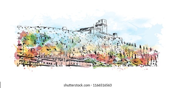 Building view and landscape wit landmark of Assisi is a hill town in central Italy’s Umbria region. Watercolor splash with Hand drawn sketch illustration in vector.