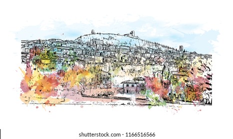 Building view and landscape wit landmark of Assisi is a hill town in central Italy’s Umbria region. Watercolor splash with Hand drawn sketch illustration in vector.