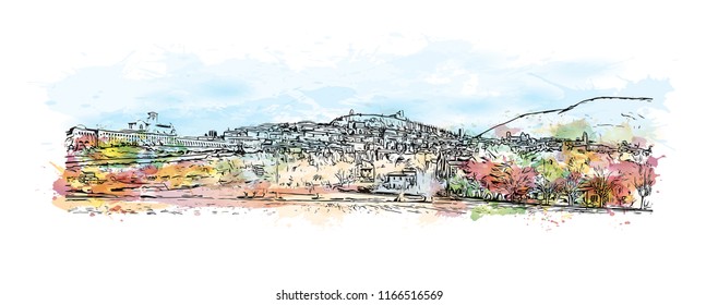 Building view and landscape wit landmark of Assisi is a hill town in central Italy’s Umbria region. Watercolor splash with Hand drawn sketch illustration in vector.