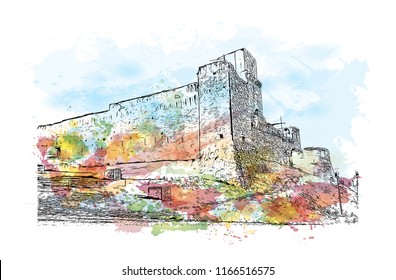 Building view and landscape wit landmark of Assisi is a hill town in central Italy’s Umbria region. Watercolor splash with Hand drawn sketch illustration in vector.