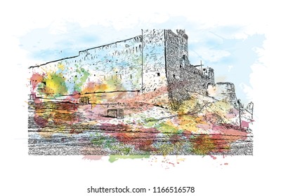 Building view and landscape wit landmark of Assisi is a hill town in central Italy’s Umbria region. Watercolor splash with Hand drawn sketch illustration in vector.