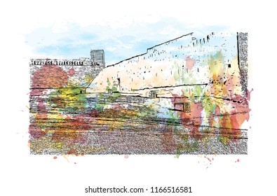 Building view and landscape wit landmark of Assisi is a hill town in central Italy’s Umbria region. Watercolor splash with Hand drawn sketch illustration in vector.